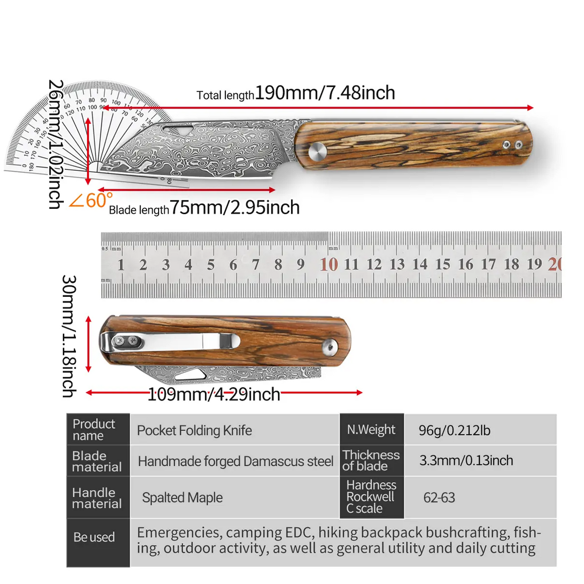 IOKO Damascus Steel Small Folding Pocket Knife for EDC, 2.95" Blade, Wood Handle, Pocket Clip, Safety Liner Lock, Kitchen Knife for Camping Hiking