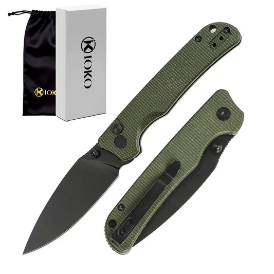 IOKO Folding Kitchen Knife - D2 Steel Rust-Resistant Blade, G10 Handle, Ceramic Bearings, Black Stonewashed Finish, Easy Sharpening, Excellent Detent, Gift Boxed, Indoor and Outdoor Use, Men's Hiking Essential