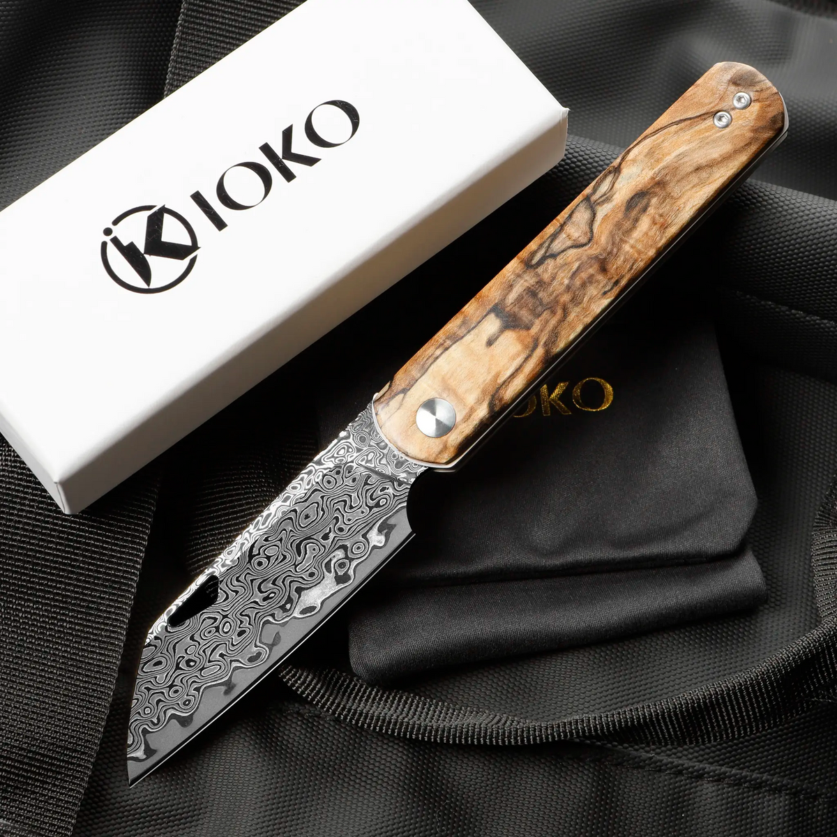 IOKO Damascus Steel Small Folding Pocket Knife for EDC, 2.95" Blade, Wood Handle, Pocket Clip, Safety Liner Lock, Kitchen Knife for Camping Hiking