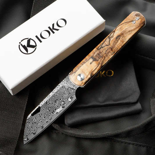 IOKO Damascus Steel Small Folding Pocket Knife for EDC, 2.95" Blade, Wood Handle, Pocket Clip, Safety Liner Lock, Kitchen Knife for Camping Hiking