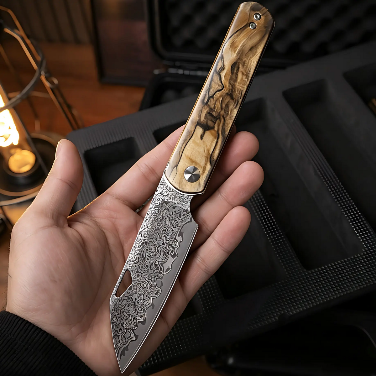 IOKO Damascus Steel Small Folding Pocket Knife for EDC, 2.95" Blade, Wood Handle, Pocket Clip, Safety Liner Lock, Kitchen Knife for Camping Hiking