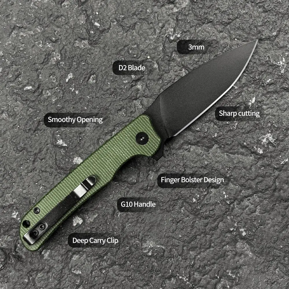 IOKO Folding Kitchen Knife - D2 Steel Rust-Resistant Blade, G10 Handle, Ceramic Bearings, Black Stonewashed Finish, Easy Sharpening, Excellent Detent, Gift Boxed, Indoor and Outdoor Use, Men's Hiking Essential
