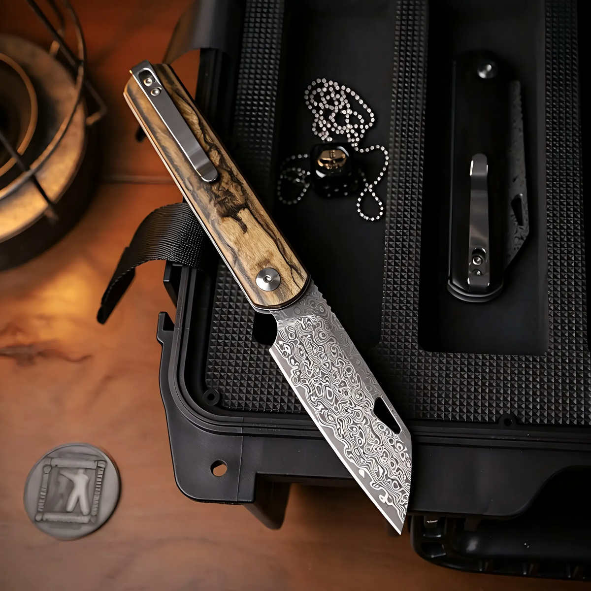 IOKO Damascus Steel Small Folding Pocket Knife for EDC, 2.95" Blade, Wood Handle, Pocket Clip, Safety Liner Lock, Kitchen Knife for Camping Hiking
