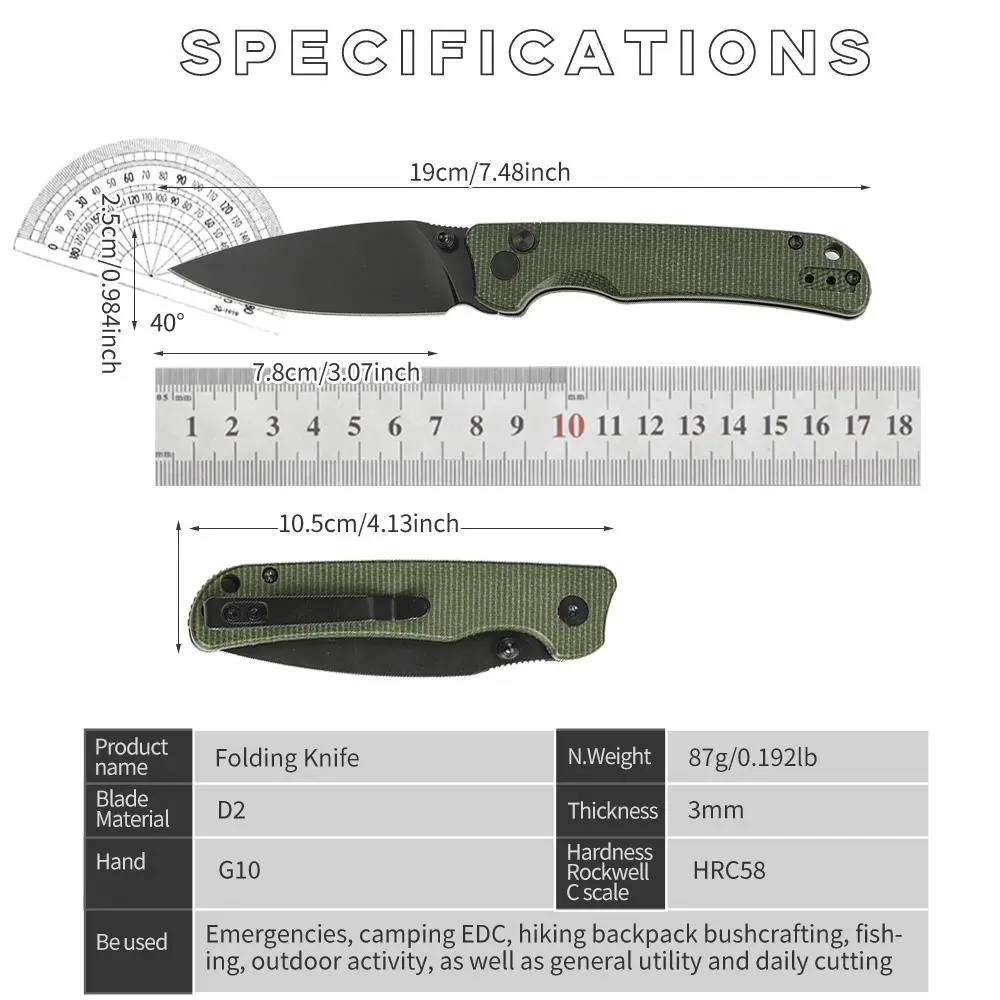 IOKO Folding Kitchen Knife - D2 Steel Rust-Resistant Blade, G10 Handle, Ceramic Bearings, Black Stonewashed Finish, Easy Sharpening, Excellent Detent, Gift Boxed, Indoor and Outdoor Use, Men's Hiking Essential