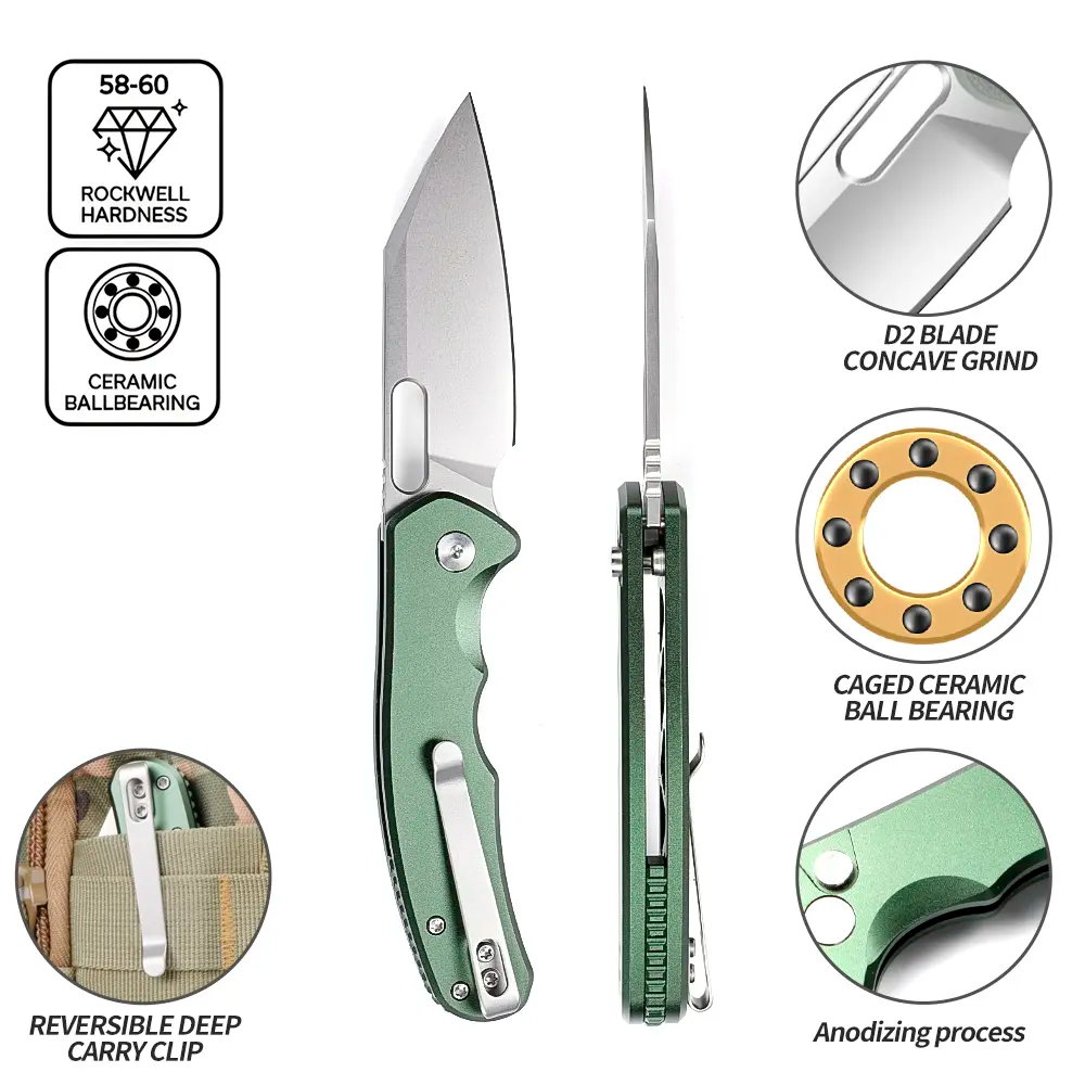 IOKO Folding Kitchen Knife with Aluminium Alloy Handle - D2 Steel Blade, Multifunctional for Camping, EDC Use