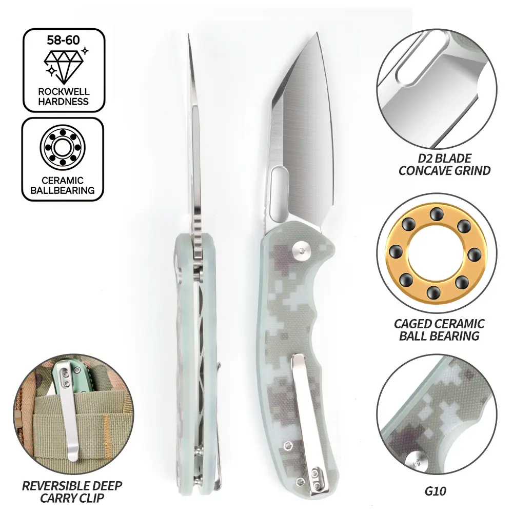 IOKO G10 Super Grip Handle Ceramic Bearing D2 Blade Ultra-Portable Camping Folding Pocket Knife, Outdoor Survival Tool for Hiking, Opening Packages with Smooth & Safe Use