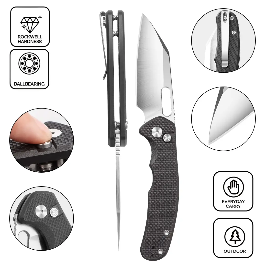 IOKO Portable Pocket Folding Knife - D2 Blade, G10 Handle Tactical Survival Tool for Bushcrafting, Hiking, Fishing & Everyday Kitchen/Outdoor Utility Tasks