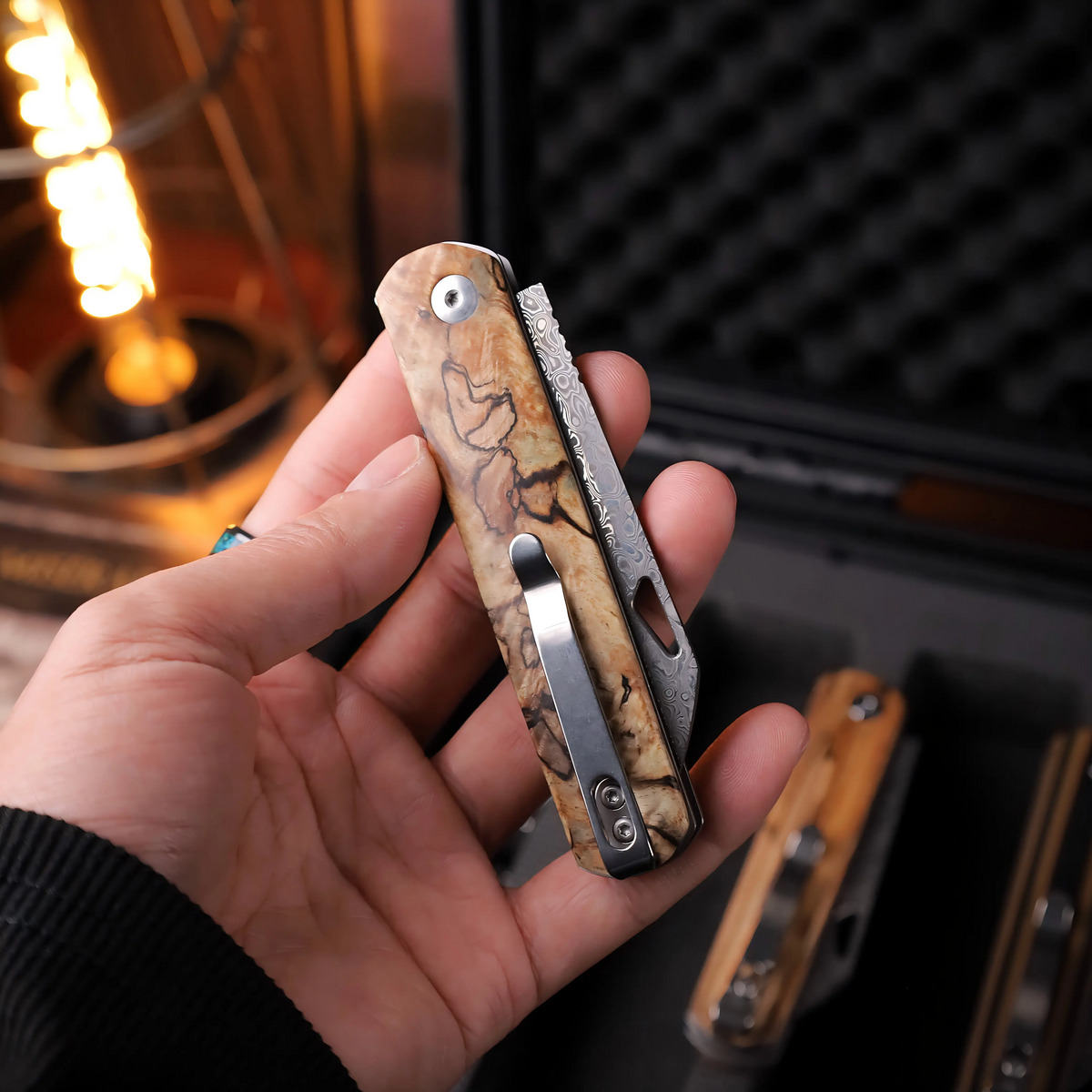 IOKO Damascus Steel Small Folding Pocket Knife for EDC, 2.95" Blade, Wood Handle, Pocket Clip, Safety Liner Lock, Kitchen Knife for Camping Hiking