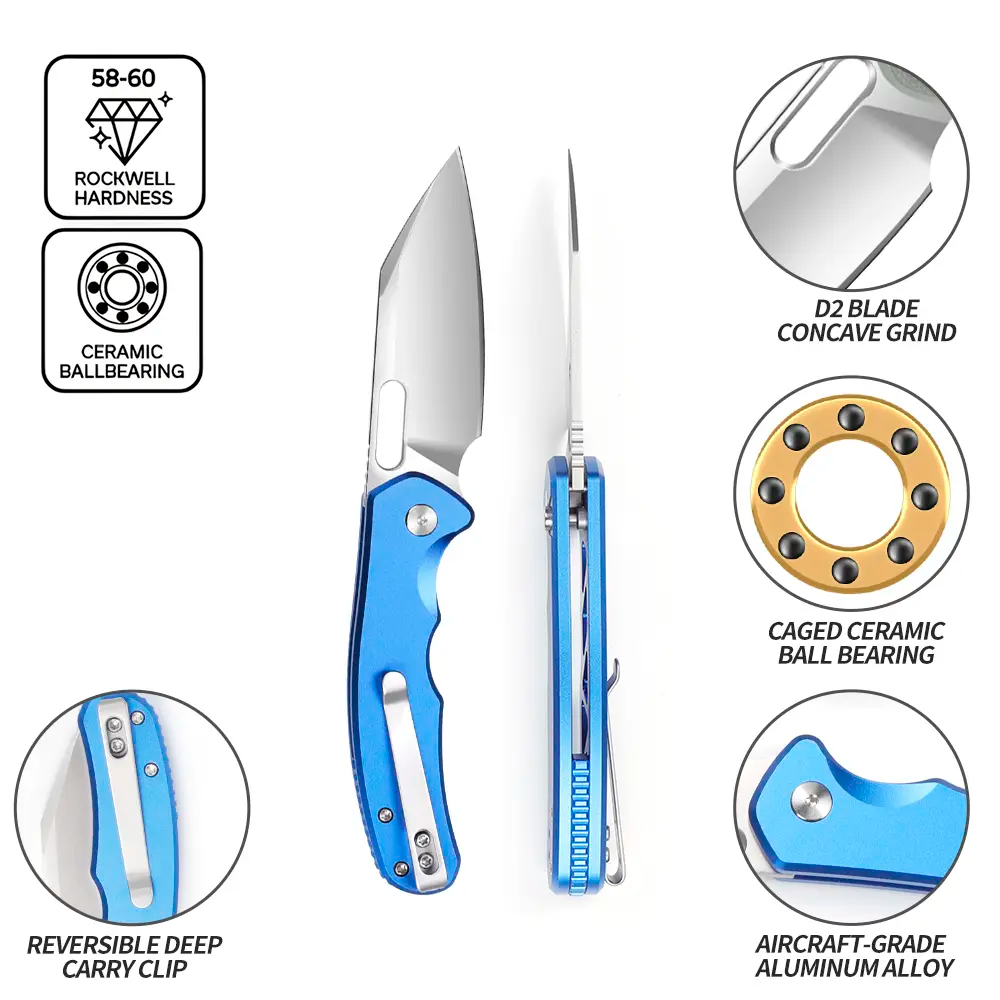 IOKO Portable Pocket Folding Kitchen Knife - D2 Blade, Aluminium Handle, Safety Lock Alloy Tool for Outdoor Camping, Hiking