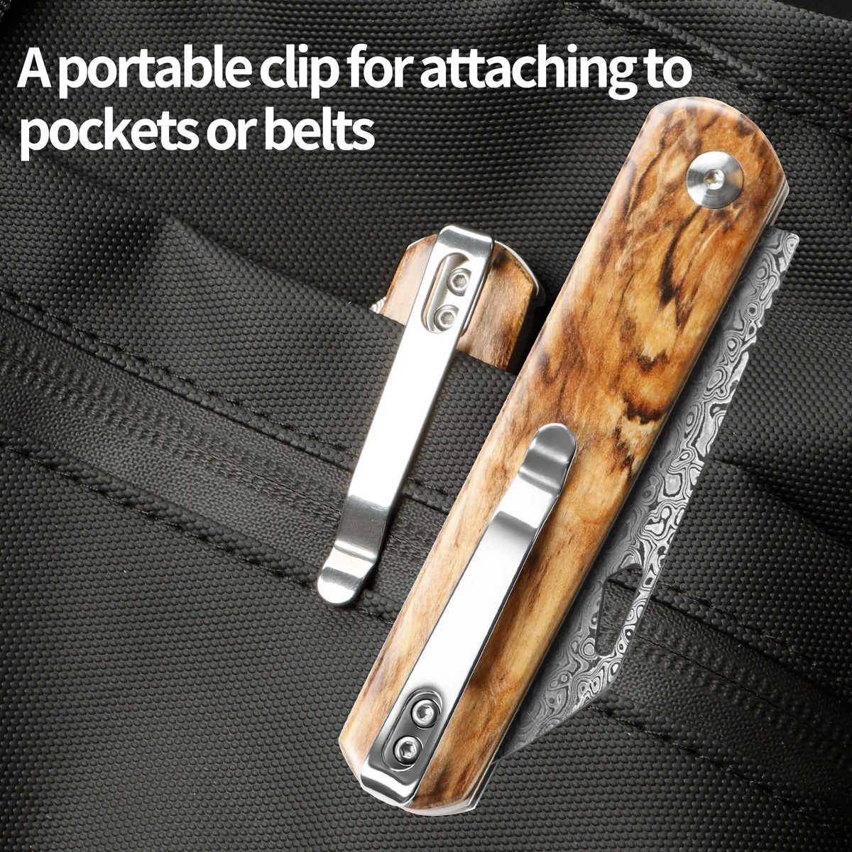 IOKO Damascus Steel Small Folding Pocket Knife for EDC, 2.95" Blade, Wood Handle, Pocket Clip, Safety Liner Lock, Kitchen Knife for Camping Hiking