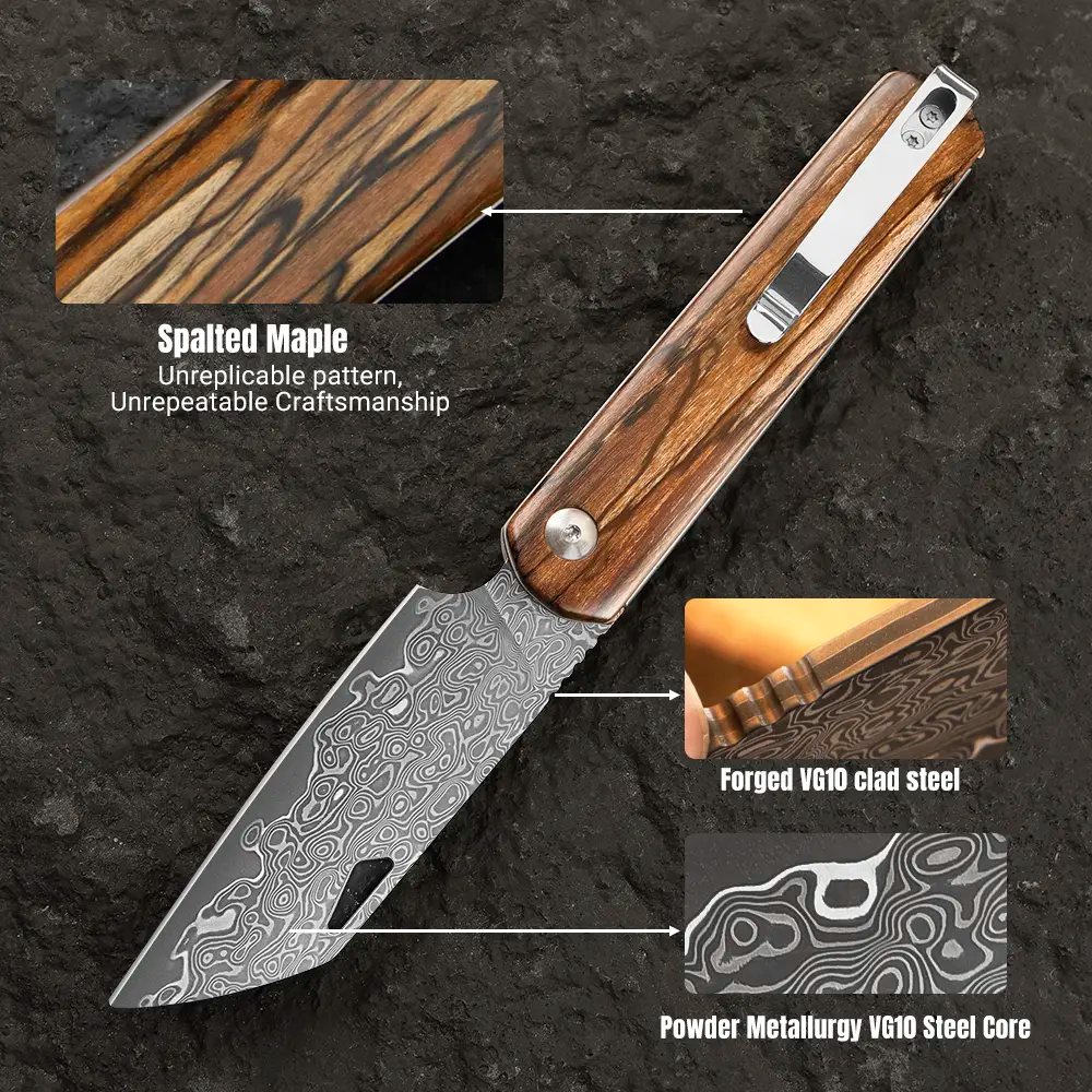 IOKO Damascus Steel Small Folding Pocket Knife for EDC, 2.95" Blade, Wood Handle, Pocket Clip, Safety Liner Lock, Kitchen Knife for Camping Hiking
